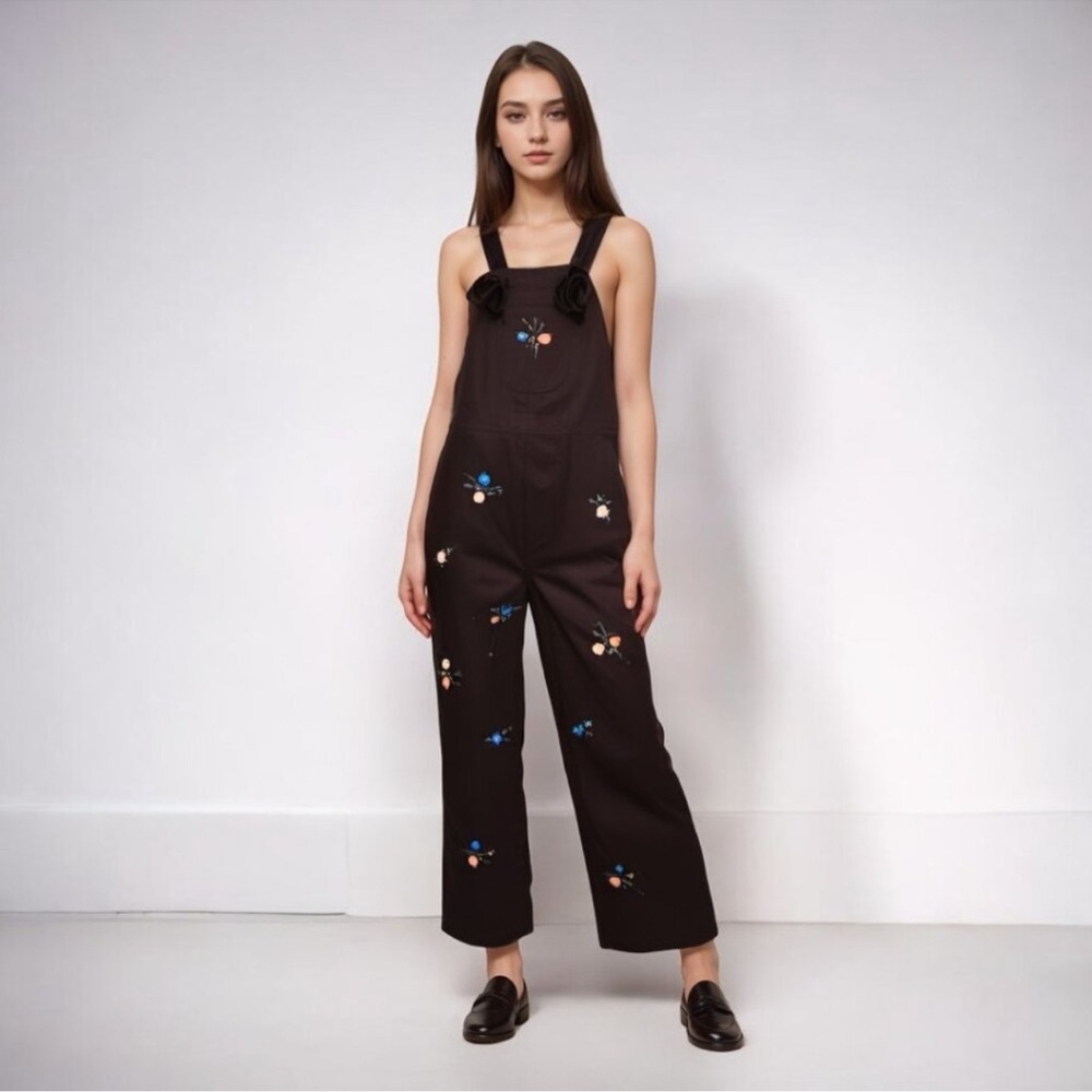 THE GREAT. Black Embroidered Jumpsuit Overalls Size 1/Small